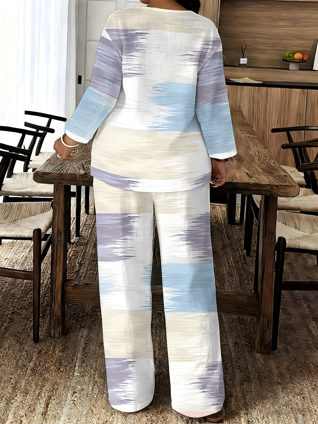 V-Neck Long Sleeve Printed Shirt Pants 2pcs Set Women Floral Digital Print Elastic Waist Casual Loungewear Spring Summer Two-Piece Outfit 15 Colors S-XXL