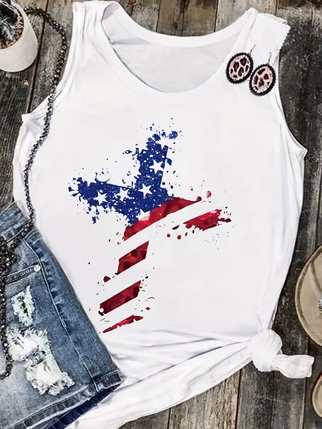 Star Stripe Print Sleeveless Vest Top Women Crewneck Patriotic American Flag Print Casual Summer Tank Top for Women
