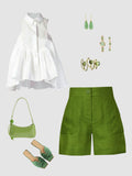 2 Piece Set Women White Sleeveless Lace-Up Blouse and Emerald Green Shorts Casual Spring Summer Matching Outfit Light Leisure S-XXL