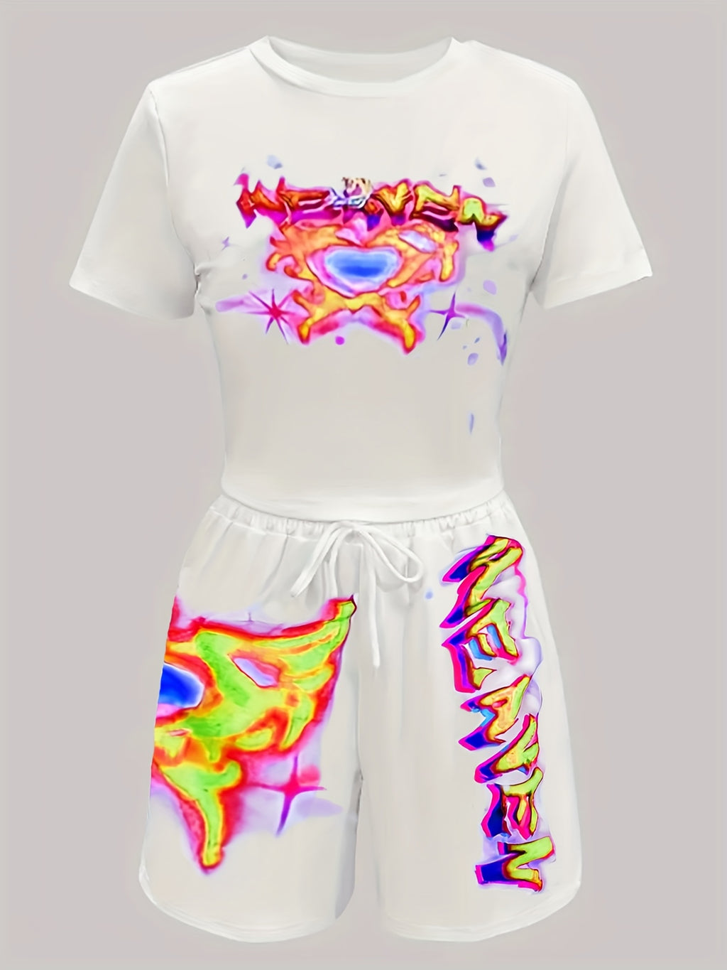 Heart Letter Print 2 Piece Set Women Short Sleeve Top High Waist Shorts Cute Casual Matching Outfit Summer S-XXL
