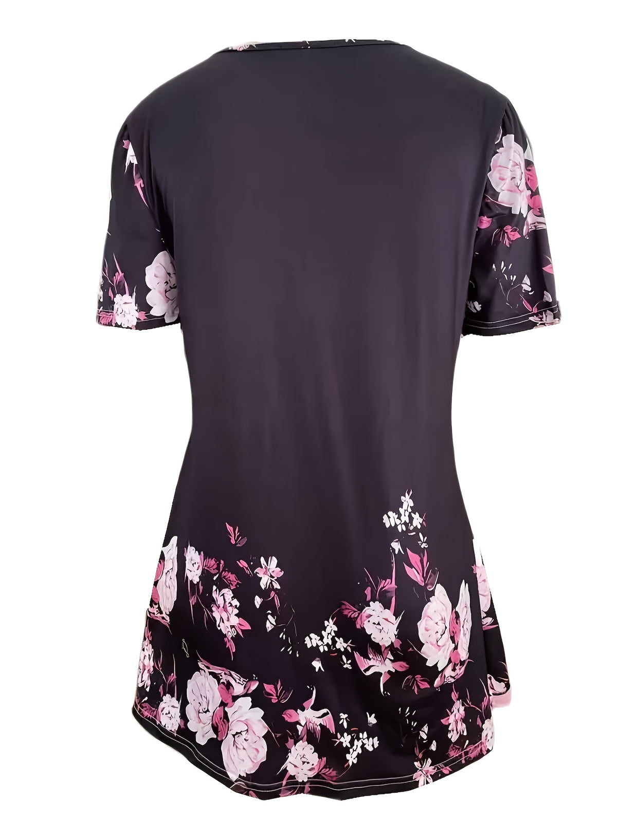 Printed Fake 2-in-1 V-Neck Stud Detail T-Shirt for Women - Short Sleeve 180g Soft Stretch Casual Fashion Top Summer Layered Look