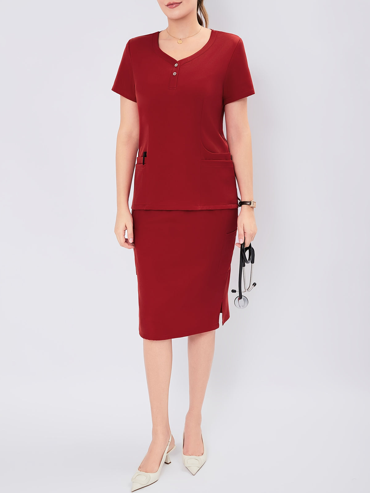 Women's V-Neck Scrub Set Short Sleeve Medical Uniform Beauty Salon Polyester Solid Color Top & Skirt with Pockets