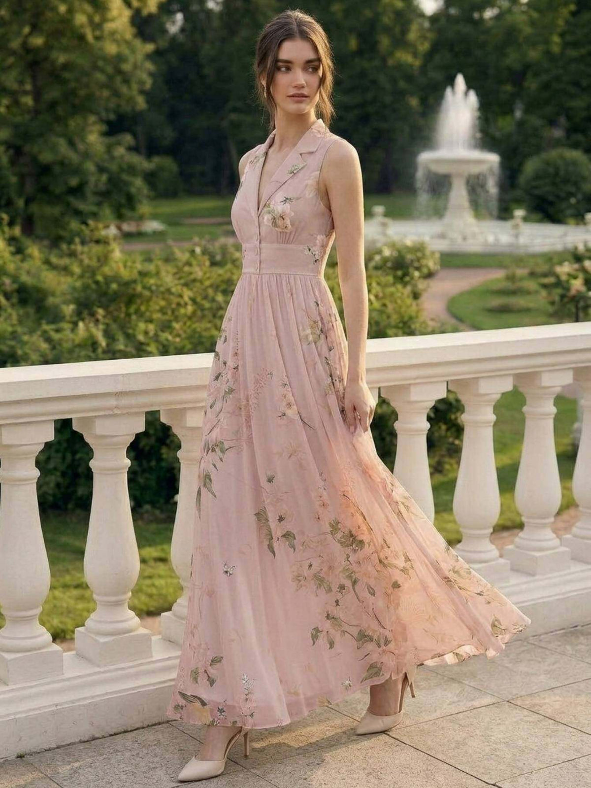 Vintage Print Lapel Dress Women Sleeveless Waist-Cinching Elegant A-Line Dress Spring Summer Date Afternoon Tea Semi-Formal Dress S-XXL