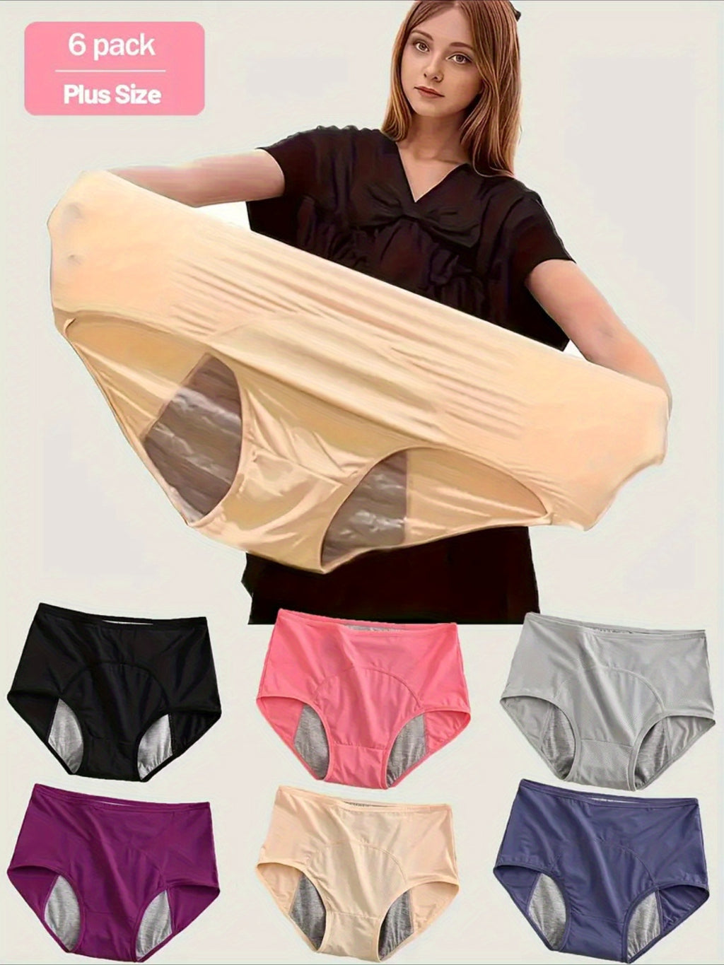 6 Pack Plus Size Leakproof Period Panties Women High Waist Tummy Control Stretch Nylon Blend Solid Color Underwear