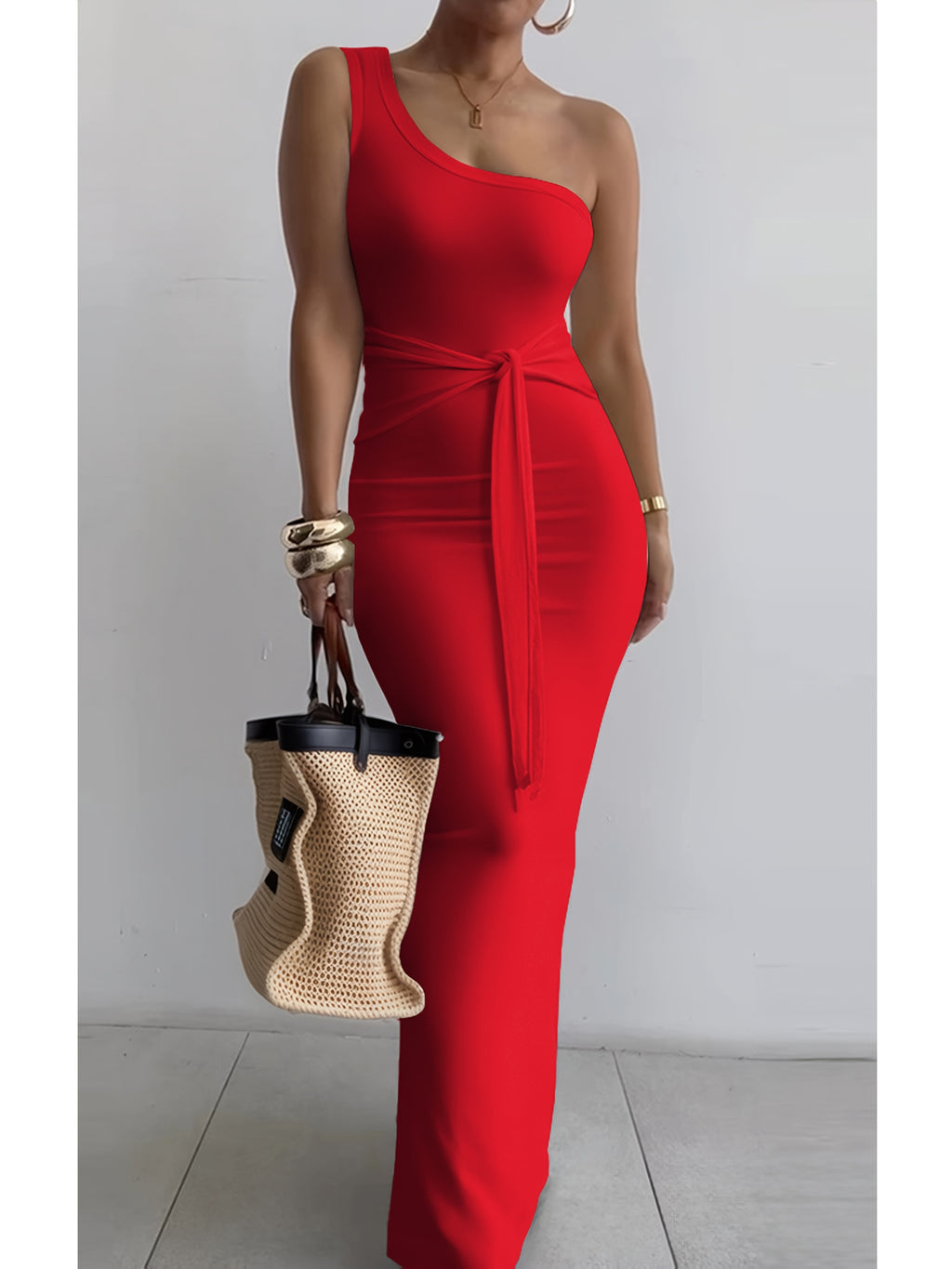 One Shoulder Long Dress Women Pencil Fit Drawstring Waist Sexy Knit Bodycon Maxi Dress Summer Party Dress S-XXL