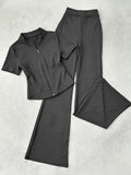Zipper Short Sleeve Top and Flared Pants 2pcs Set for Women - High Elasticity Soft Casual Autumn Outfit, 3 Colors Matching Co-Ord Loungewear Fashion Set S-XXL