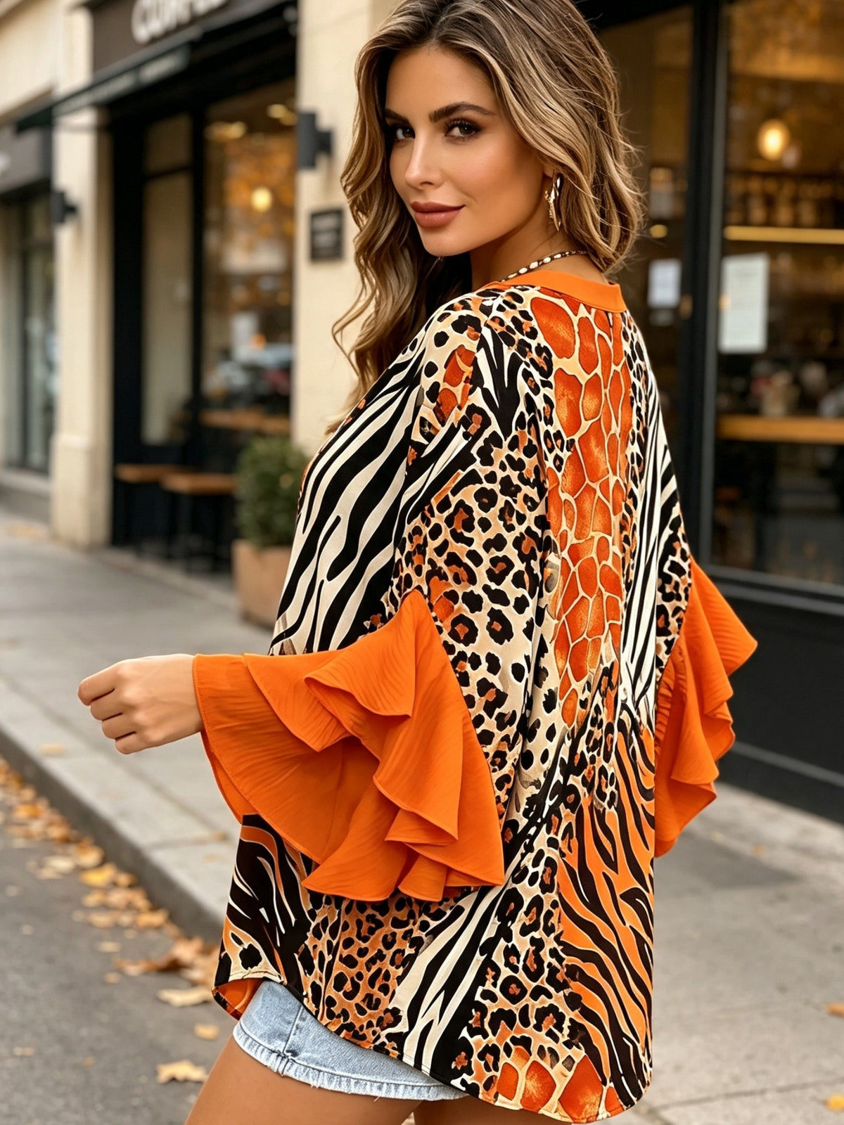 Animal Print Ruffle Sleeve Tunic Top Women V-Neck Long Blouse Three Quarter Patchwork Loose Fit Casual Daily Commute Date Night 95% Polyester