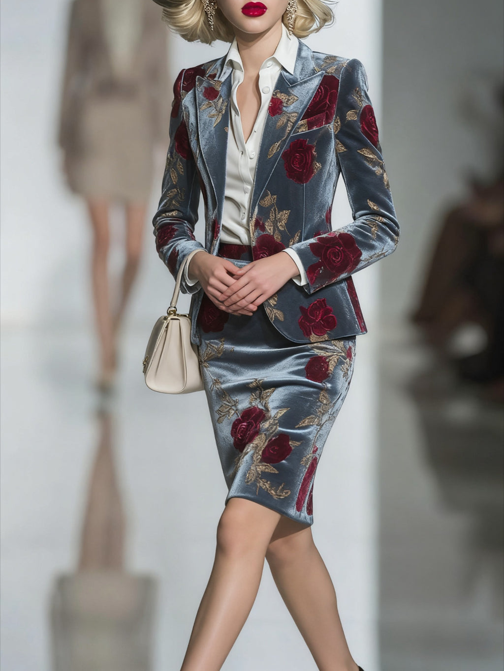 Women's Rose Flower Print 2-Piece Suit Blazer and Hip-Wrapped Skirt Set Vintage Elegant Evening Party Formal Occasion Outfit