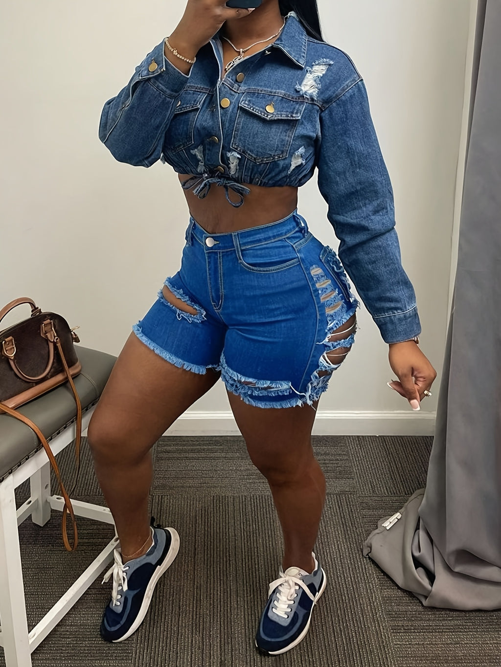 Ripped Denim Shorts Women High Waist Irregular Hem Skinny Jean Shorts with Pockets Sexy Casual Summer Hot Pants Black Dark Blue
