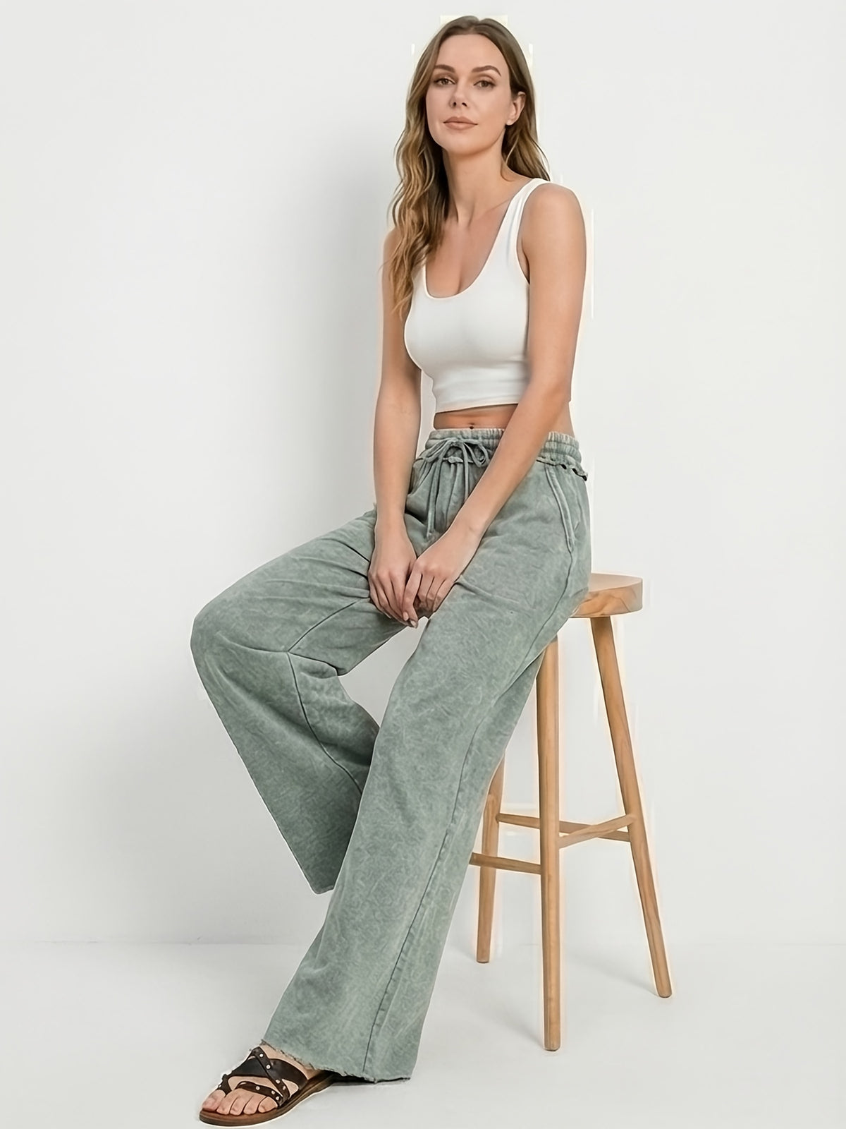 Acid Wash Palazzo Sweatpants Women High Waist Drawstring Wide Leg Pants Pockets Black Blue Sage Green