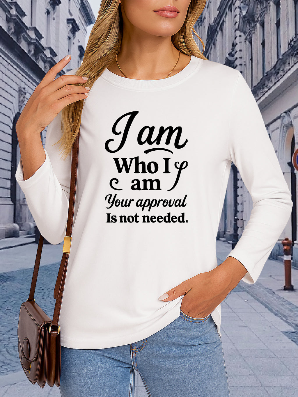Slogan Print Long Sleeve T-Shirt Women Crew Neck Casual Graphic Tee for Travel Work Campus 100% Polyester S-XXL