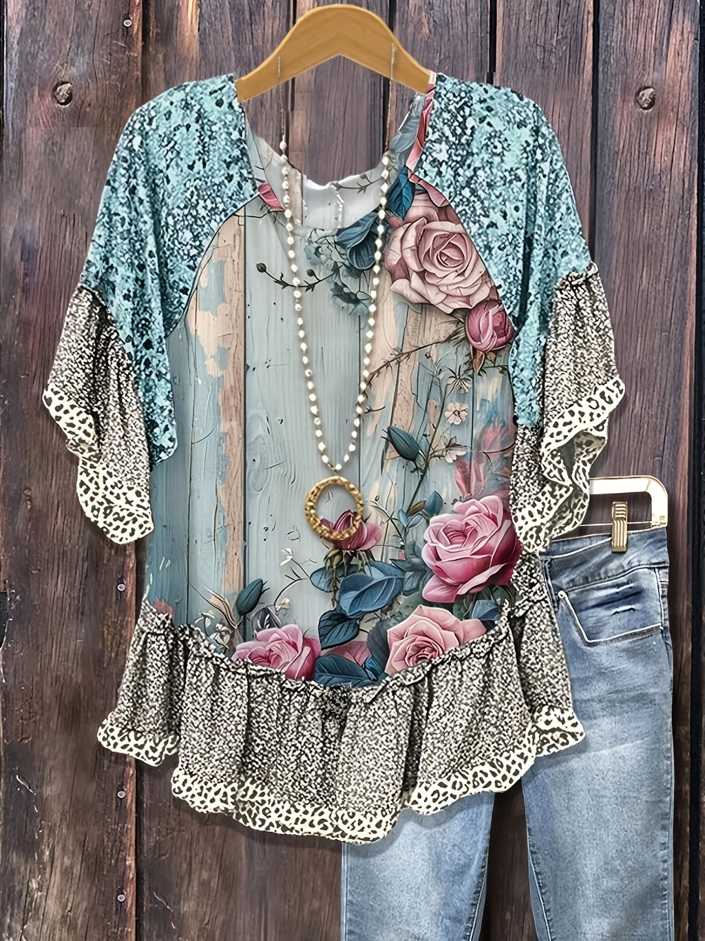 Vintage Floral Leopard Print Loose Blouse Top Women Ruffle Patchwork Cuffs Hem Casual Long Sleeve Shirt Women's Clothing