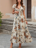 Floral Maxi Dress for Women Smocked Waist V-Neck Flutter Sleeve Bohemian Vacation Style Spring Summer 100% Polyester Woven Long Dress
