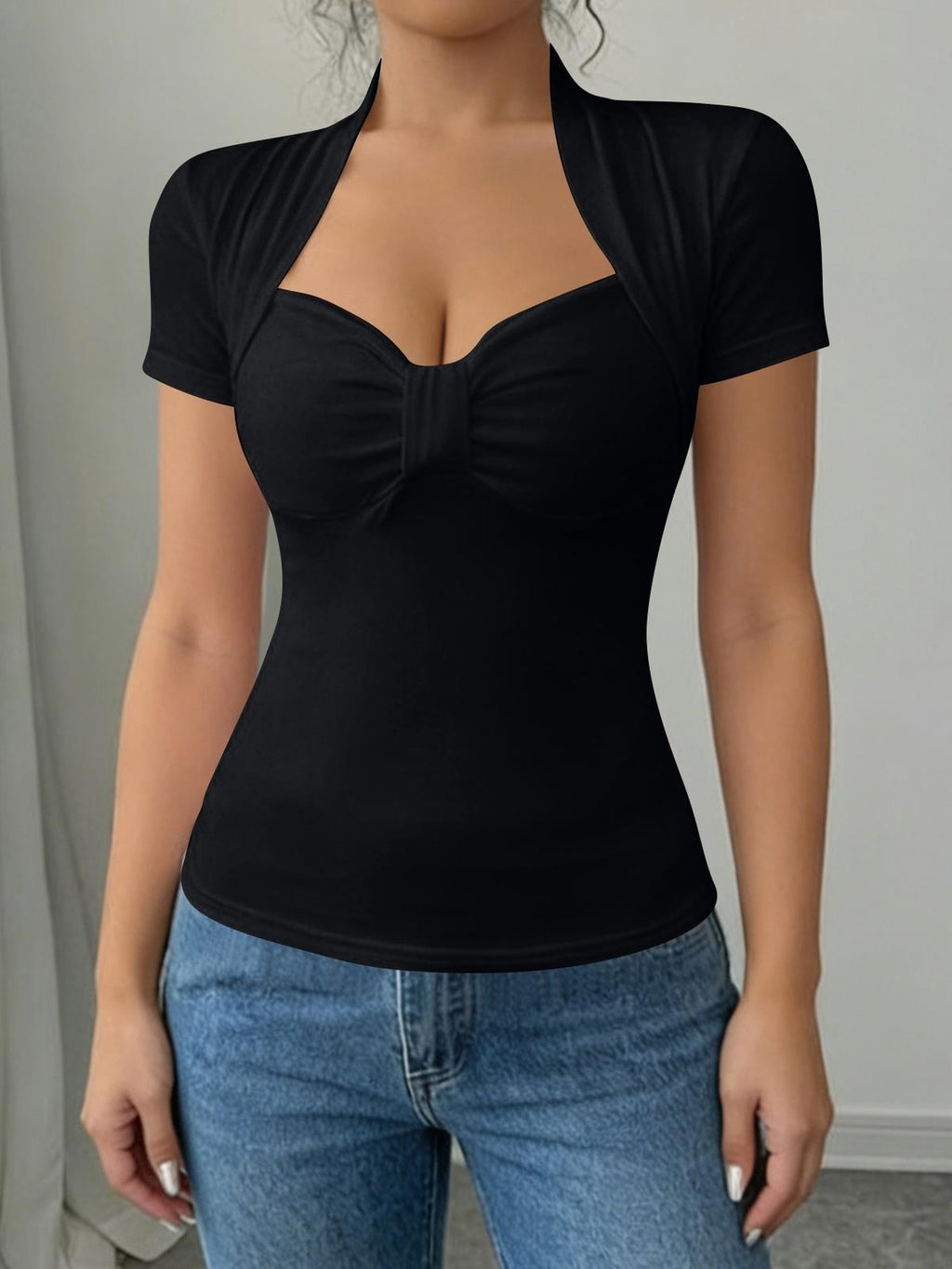 Sweetheart Neck Ruched Front T-Shirt Women Short Sleeve Slim Fit Stretch Tee Solid Color Fitted Casual Top Daily Work Travel Streetwear S-XXL