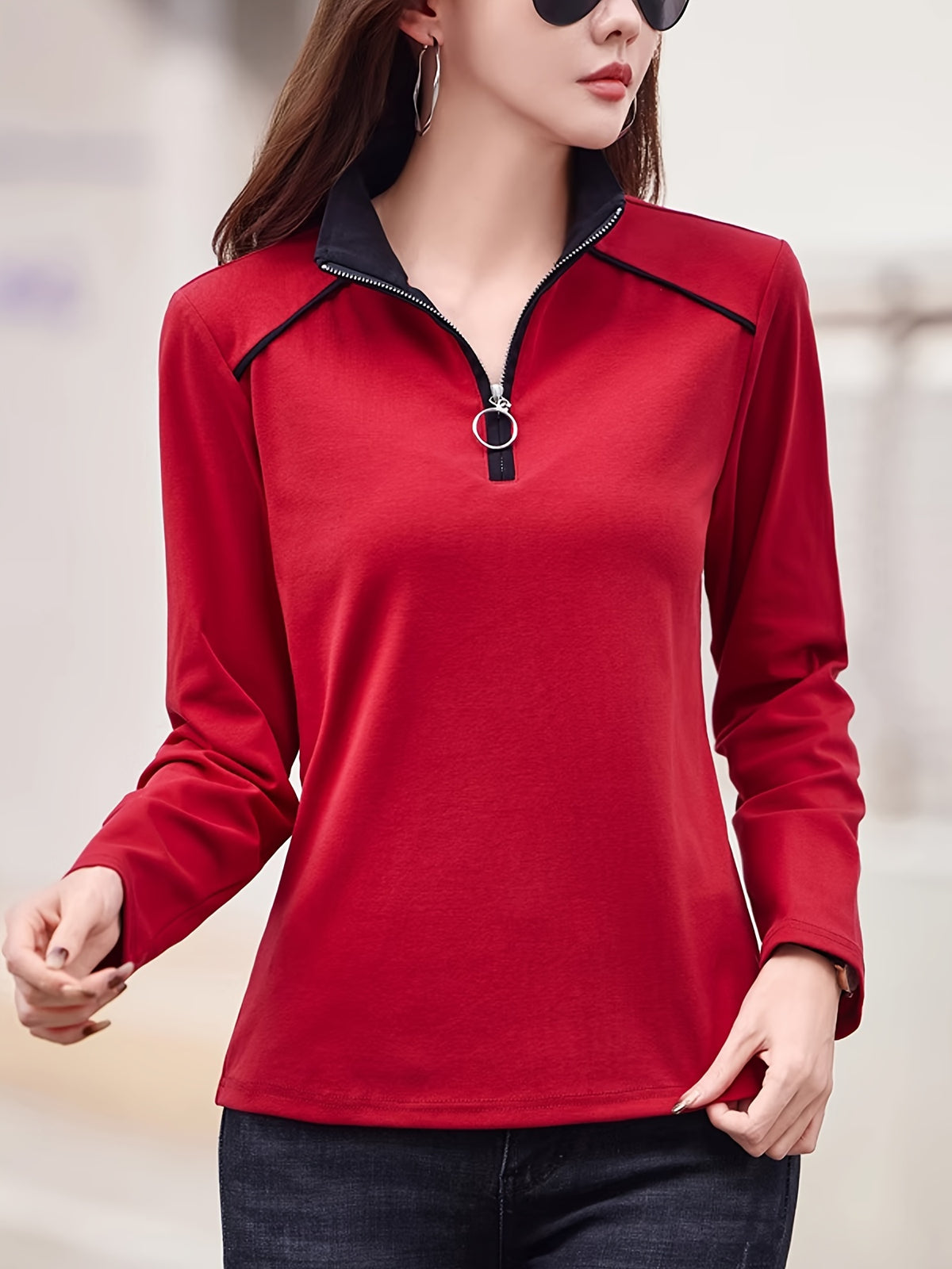 Zipper Collar Blouse Women Elegant Metal Zipper Accent Solid Color Stretchy Casual Formal Spring Summer Top S M L XL XXL