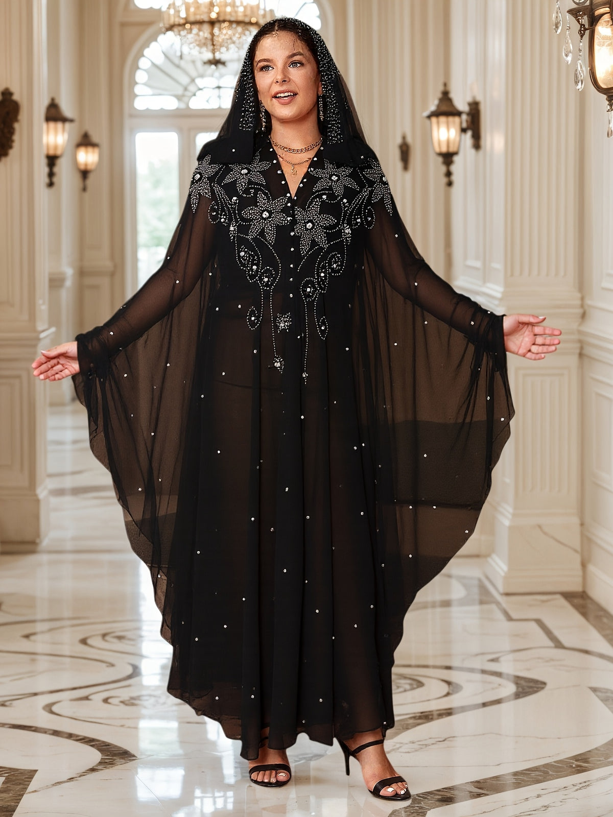 Rhinestone Cape Abaya Dress Women Batwing Trumpet Sleeves Long Cape Semi-Sheer Pearl Crystal Split Hem Formal Wedding
