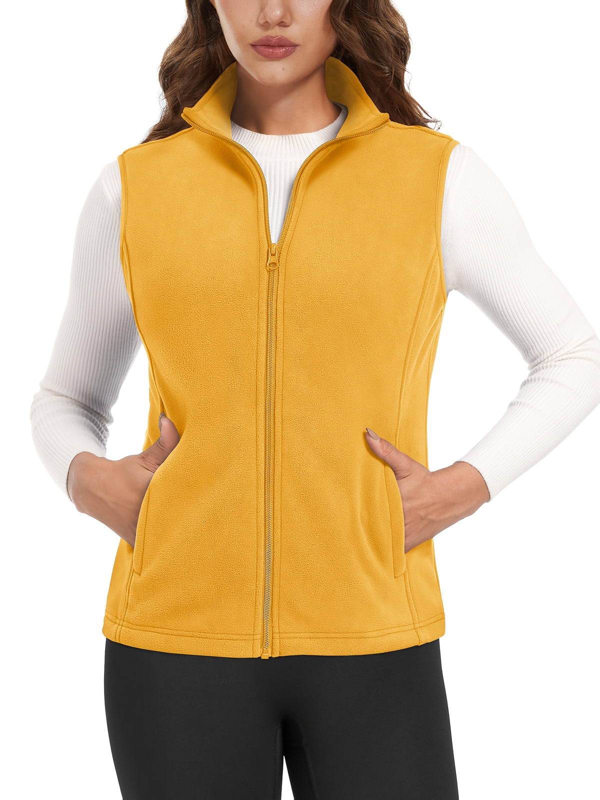 Women's Fleece Zip Vest Lightweight Warm Sleeveless Jacket Stand Collar 4 Pockets Windproof Outdoor Vest S-XXL