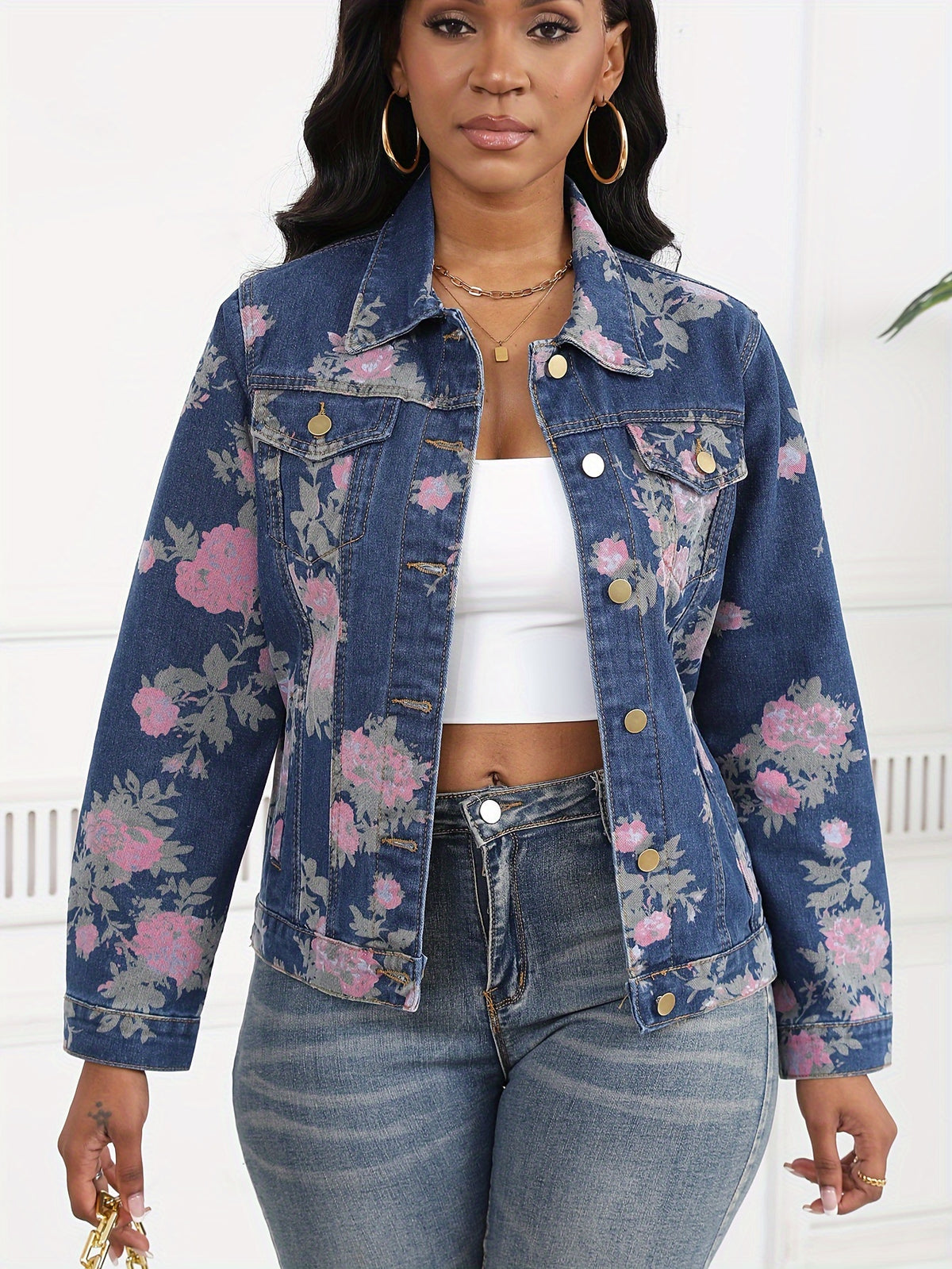 Women's Floral Print Denim Jacket Long Sleeve Flower Printed Jean Coat Casual Streetwear Spring Fall Outerwear Layering Top
