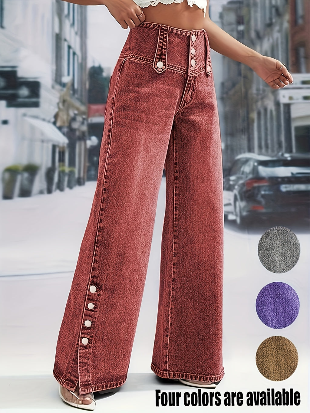 Wide-Leg Purple Jeans Women Adjustable Button Waist Mid-Rise Straight Casual Pants All-Season Travel Office