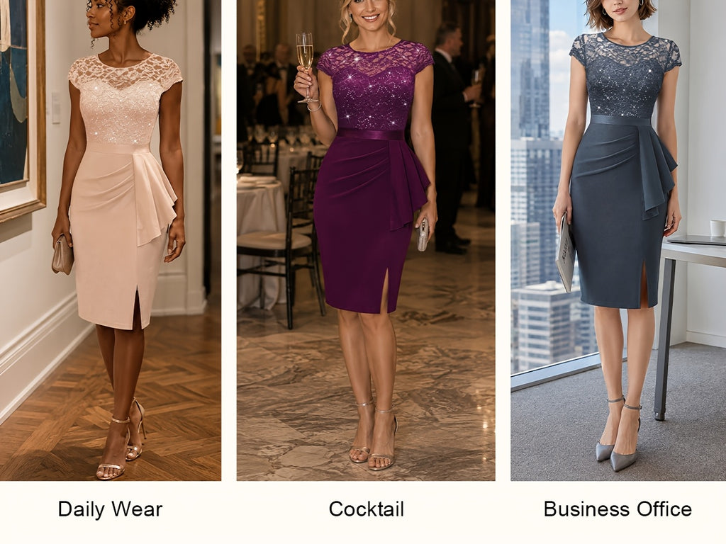Sequin Lace Bridesmaid Midi Dress Women Cap Sleeve Ruffled Hem Side Slit Formal Wedding Guest Evening Dress