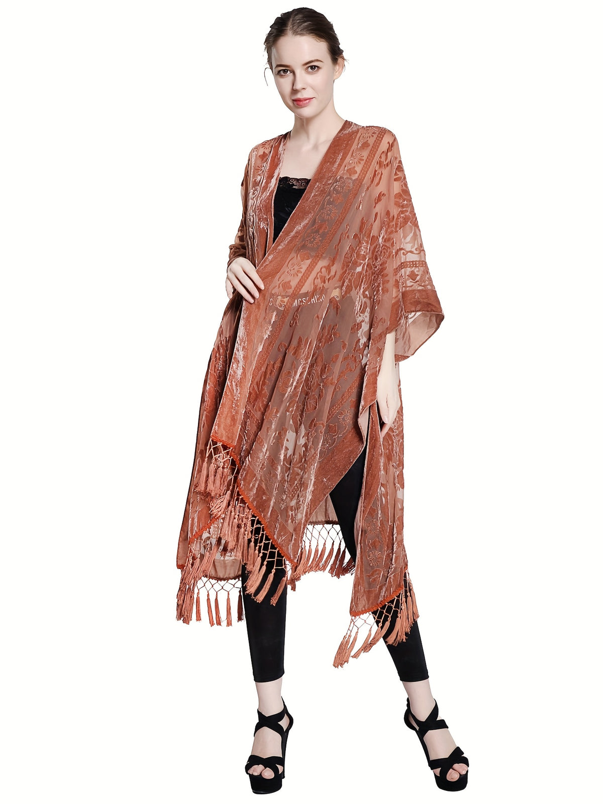 Boho Burnout Velvet Kimono Women Long Cardigan Cover Up Tassel Floral Embroidered One Size