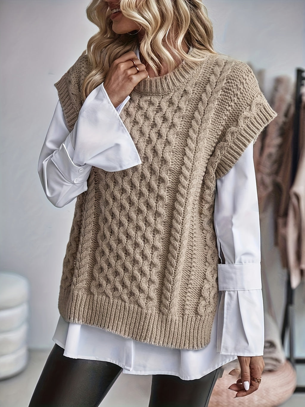 Cable Knit Sweater Vest Women Sleeveless Round Neck Slit Hem Solid Color Layering Top - Casual Semi-Formal Acrylic Knitwear Spring Summer Fall