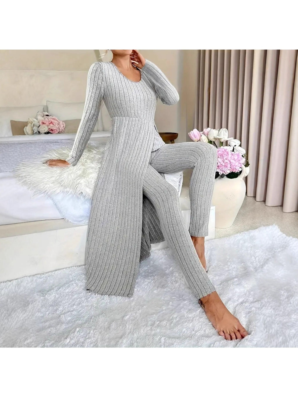 Heavyweight Fleece Lounge Set Women Oversized Long Sleeve Wide-Leg Pants Cozy Winter Two-Piece Ribbed Minimalist S-XL