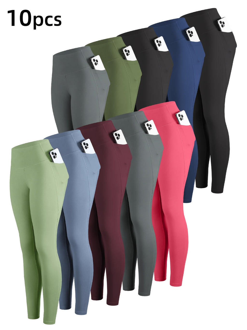 10pcs Solid Color High Waisted Leggings for Women – Cropped Tight Leggings with 2 Pockets, Multicolor