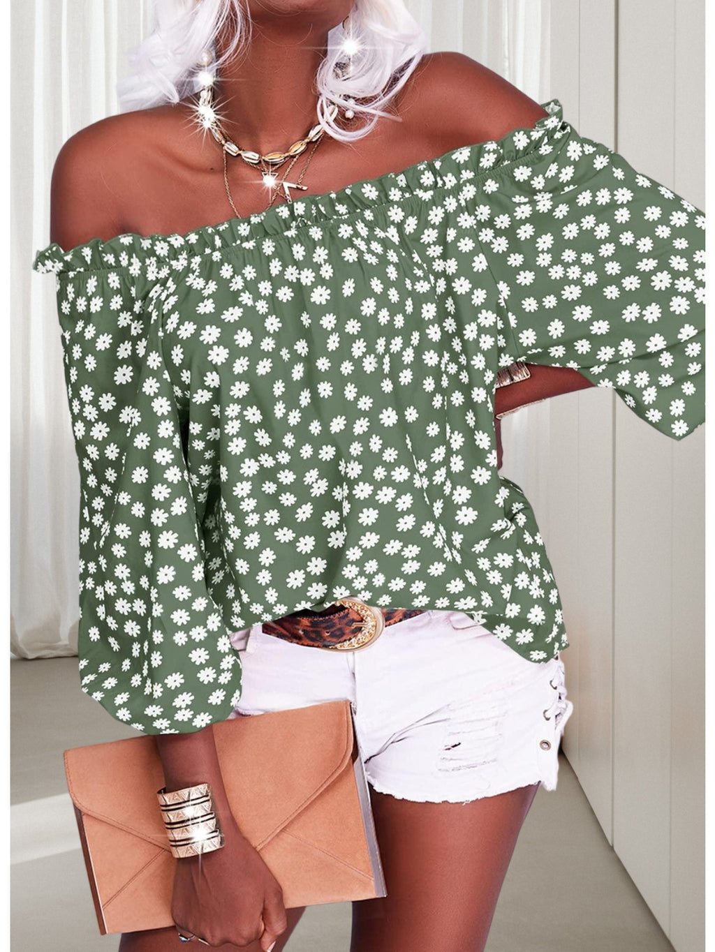 Floral Off Shoulder Chiffon Blouse Women 3/4 Sleeve Casual Summer Top Shirt 10 Colors S-XXL