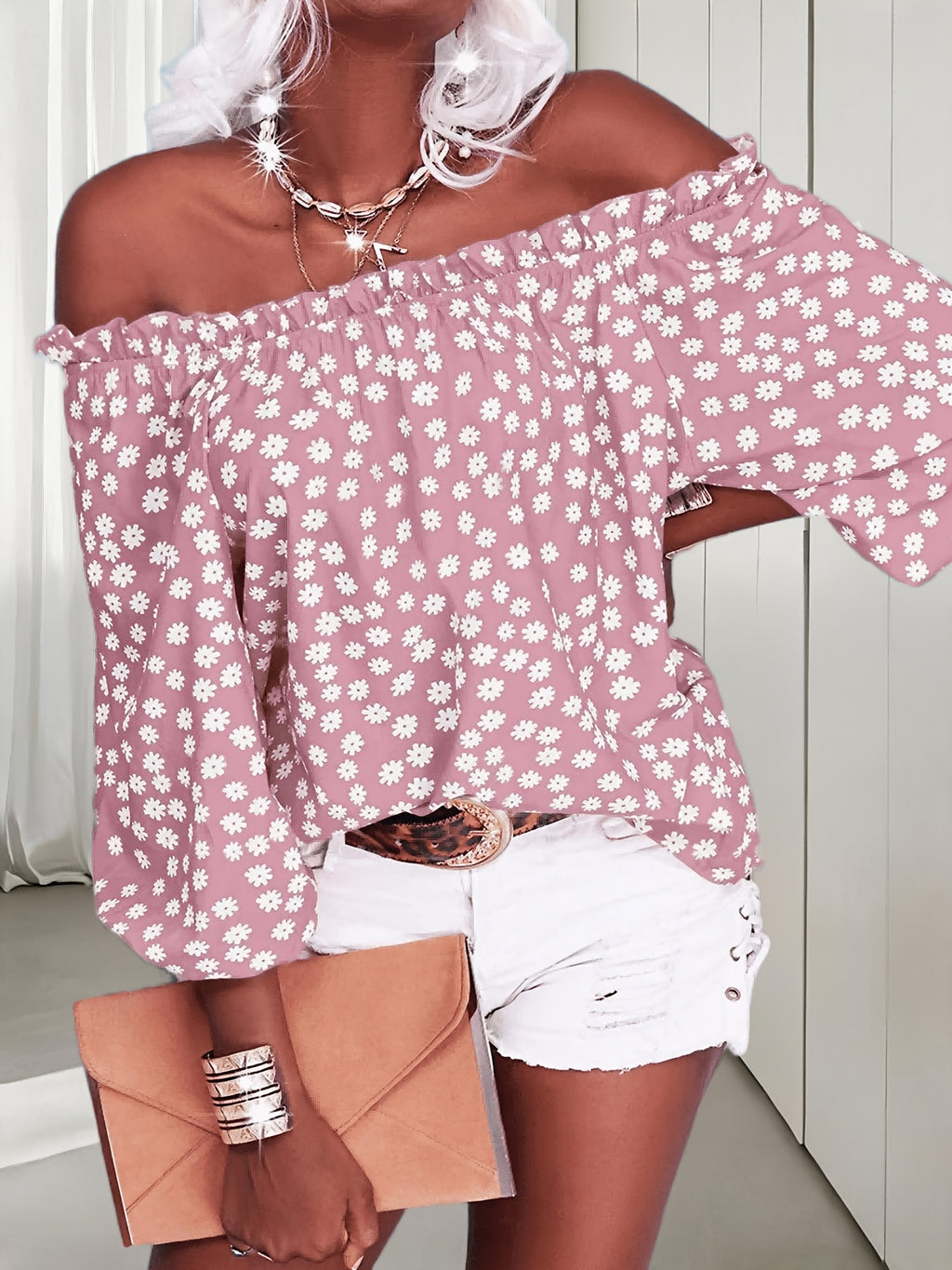 Floral Off Shoulder Chiffon Blouse Women 3/4 Sleeve Casual Summer Top Shirt 10 Colors S-XXL