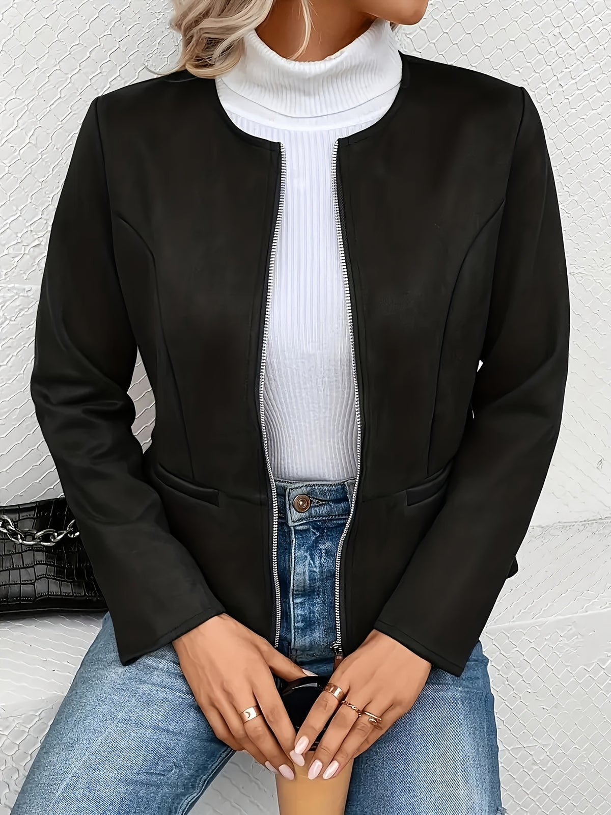 Slim Fit Zip Up Jacket for Women Round Neck Long Sleeve Casual Coat Solid Color All Season Versatile