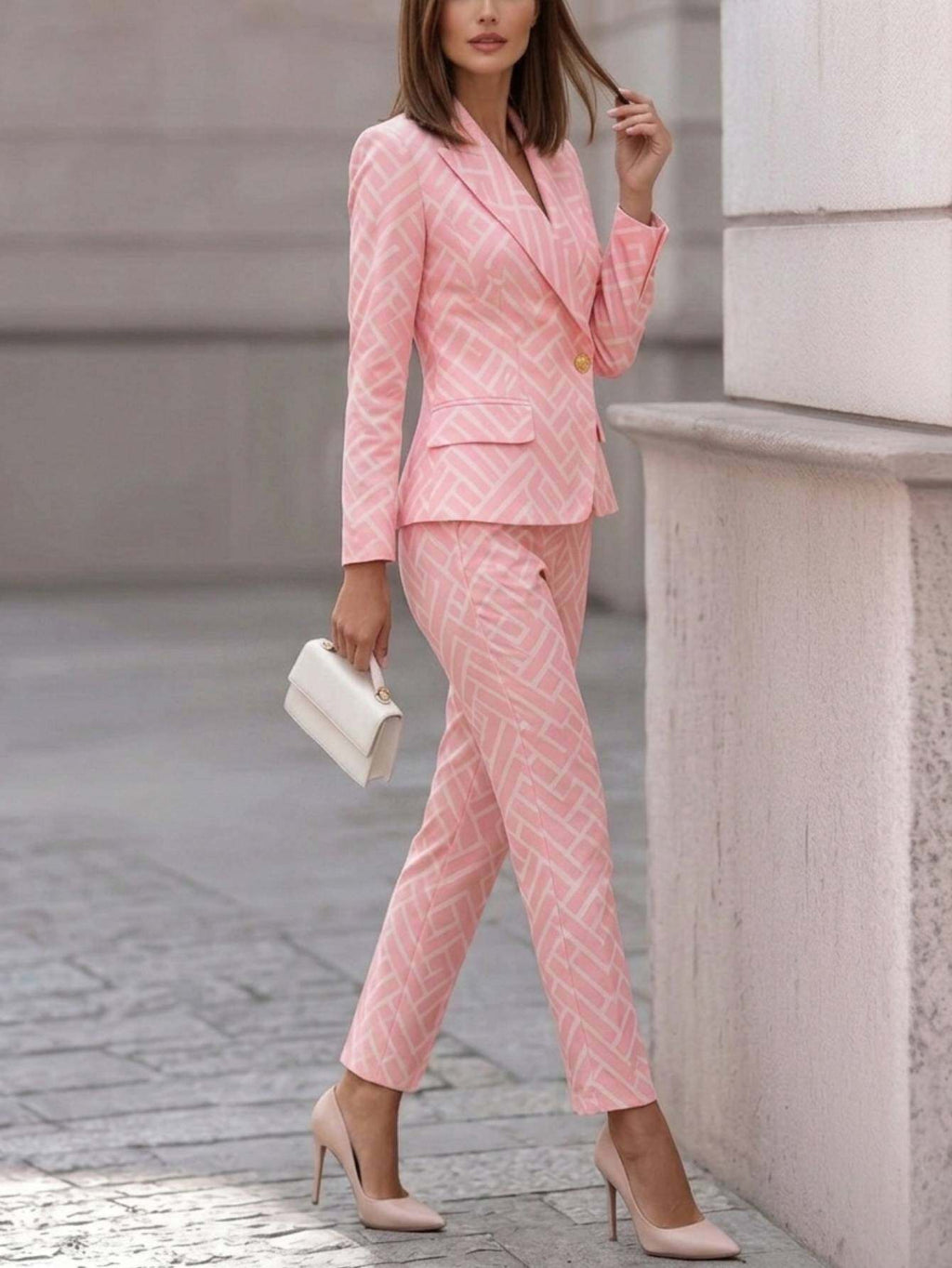 Pink Geometric Jacquard Blazer and Flared Pants 2-Piece Set Women Waist-Tailored Elegant Office Light Luxury All Season S-XXL