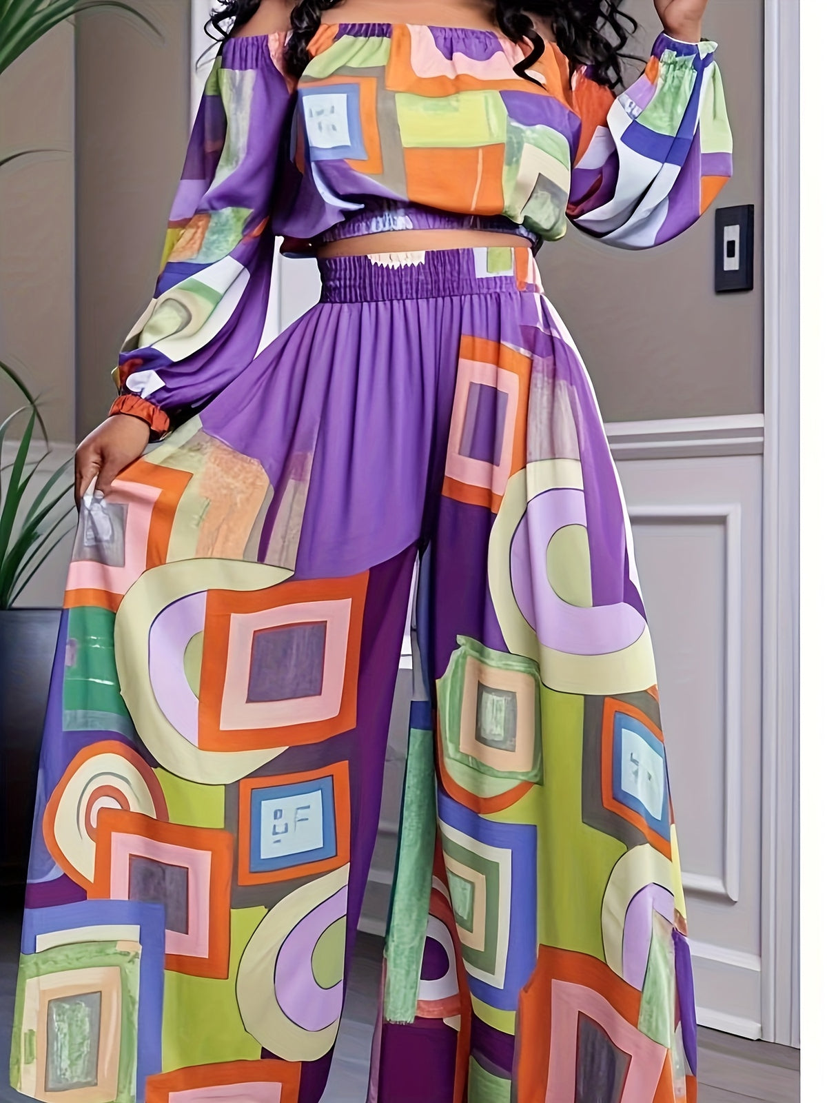 Women's Boho Print Crop Top and Wide Leg Pants 2-Piece Set Casual Summer Beach S-XXL