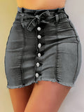 Bodycon Denim Mini Skirt Women Waist Tie Frayed Hem Stretch Solid Color Button Summer Daily Wear Tight Hip Jean Skirt