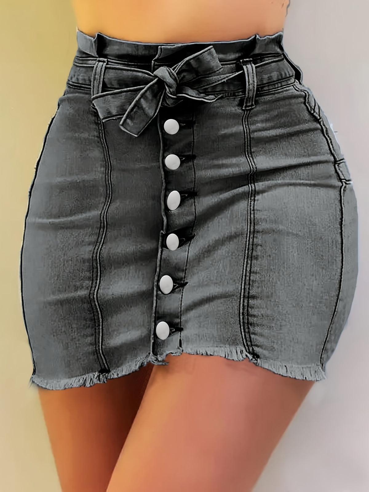 Bodycon Denim Mini Skirt Women Waist Tie Frayed Hem Stretch Solid Color Button Summer Daily Wear Tight Hip Jean Skirt