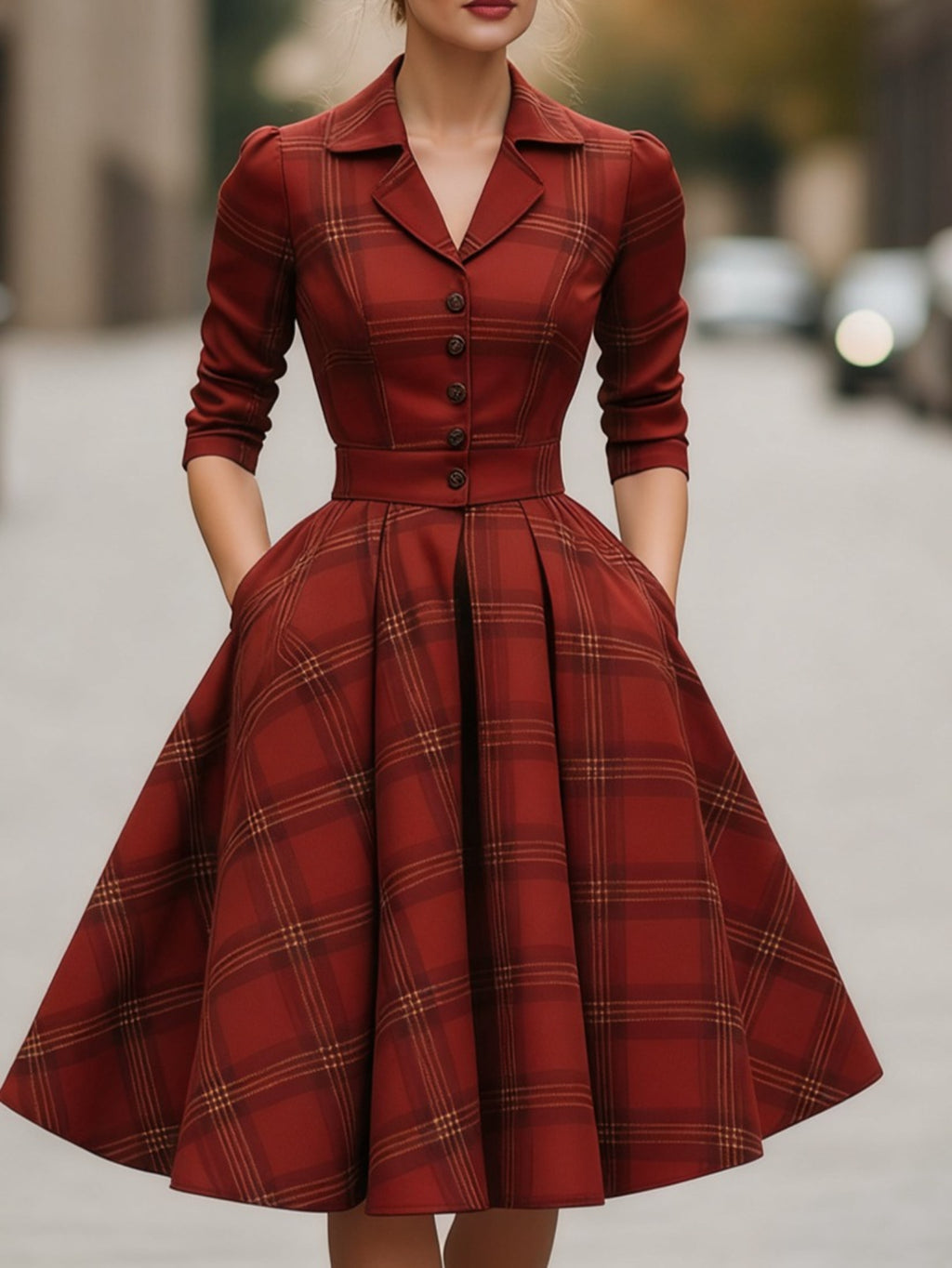 Burgundy Plaid Blazer-Style Midi Dress Women Waist-Defining A-Line Vintage Elegant Workwear Office Banquet Holiday Dress S-XXL