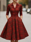 Burgundy Plaid Blazer-Style Midi Dress Women Waist-Defining A-Line Vintage Elegant Workwear Office Banquet Holiday Dress S-XXL