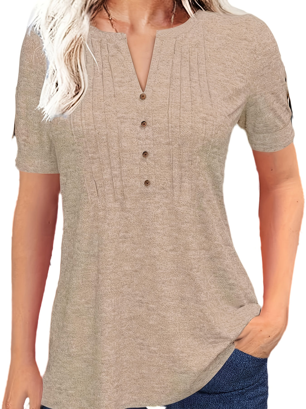 Pleated V-Neck T-Shirt Women Solid Color Short Sleeve Button-Up Casual Summer Top 60% Polyester Viscose Micro-Elastic Smooth Knit Tunic Versatile Daily Wear S-XXL