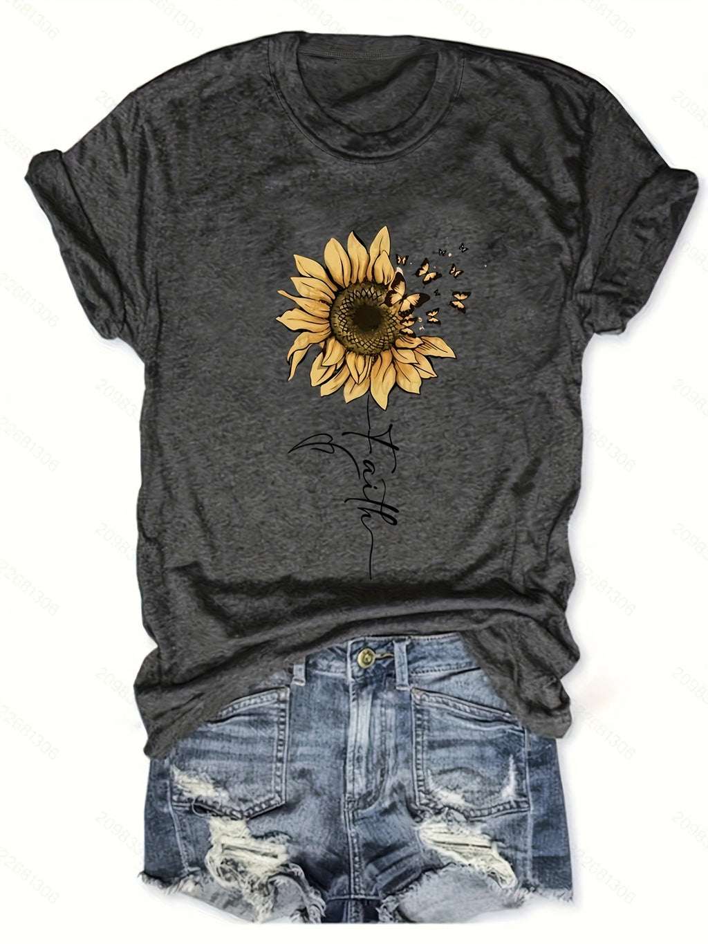 Sunflower Butterfly Print Blouse Women Round Neck Short Sleeve Medium Stretch Opaque Machine Washable Casual Dressy Spring Summer Top S-XXL