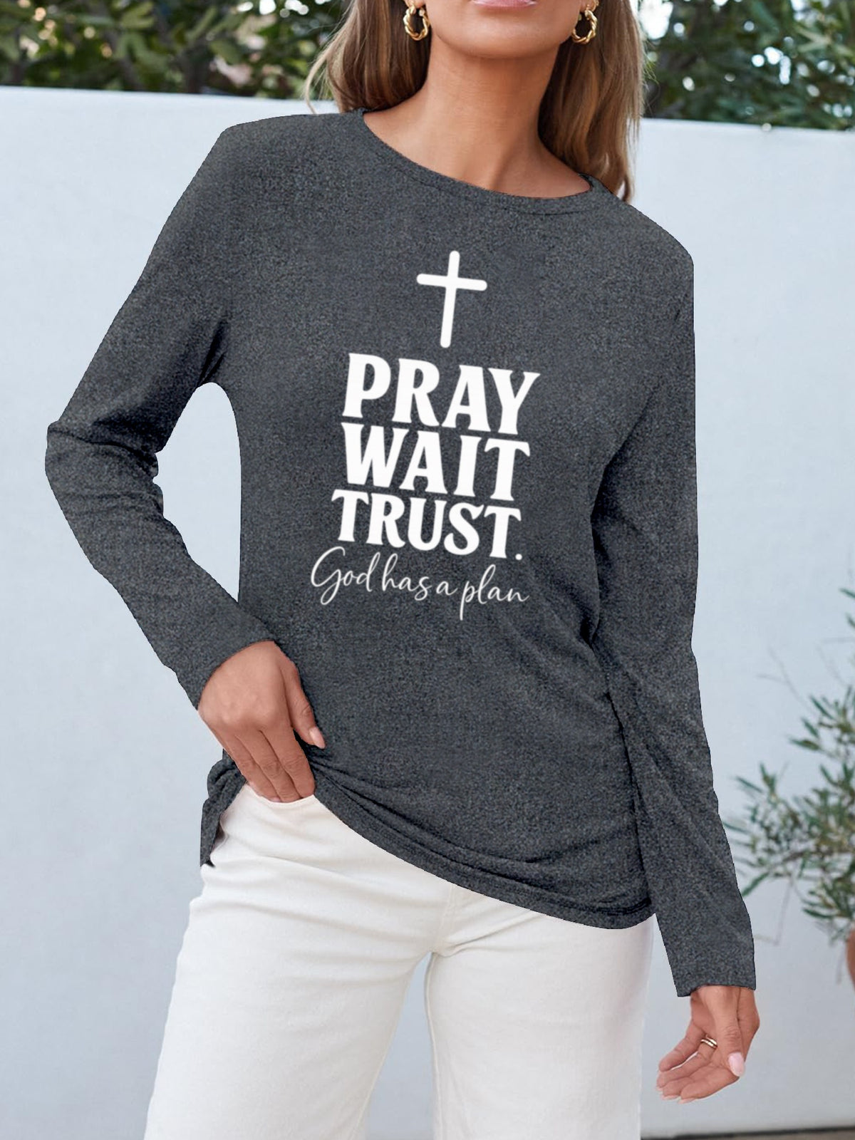 Faith Christian Print Women Long Sleeve T-Shirt Crew Neck Casual Spiritual Graphic Tee Soft Breathable Everyday Top Spring Fall
