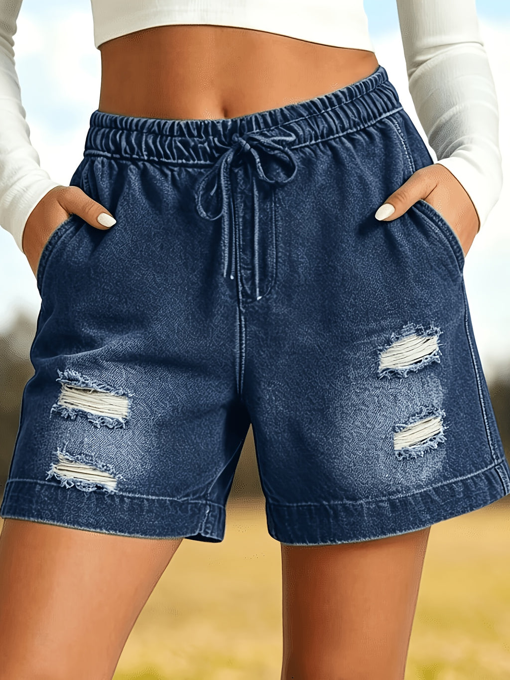 Ripped Denim Shorts Women Elastic Waist Drawstring Loose Casual Summer Pockets 4 Colors S-XXL