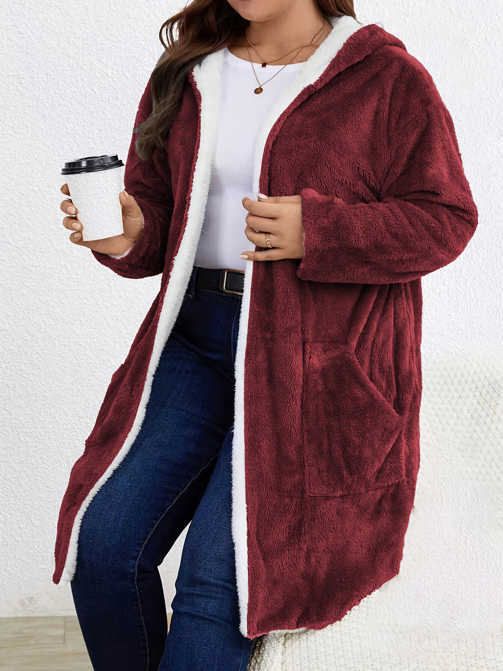 Women's Plush-Trim Hooded Coat Mid-Length Sherpa Lining Suede Drop Shoulder Warm Winter Outerwear S-XXL
