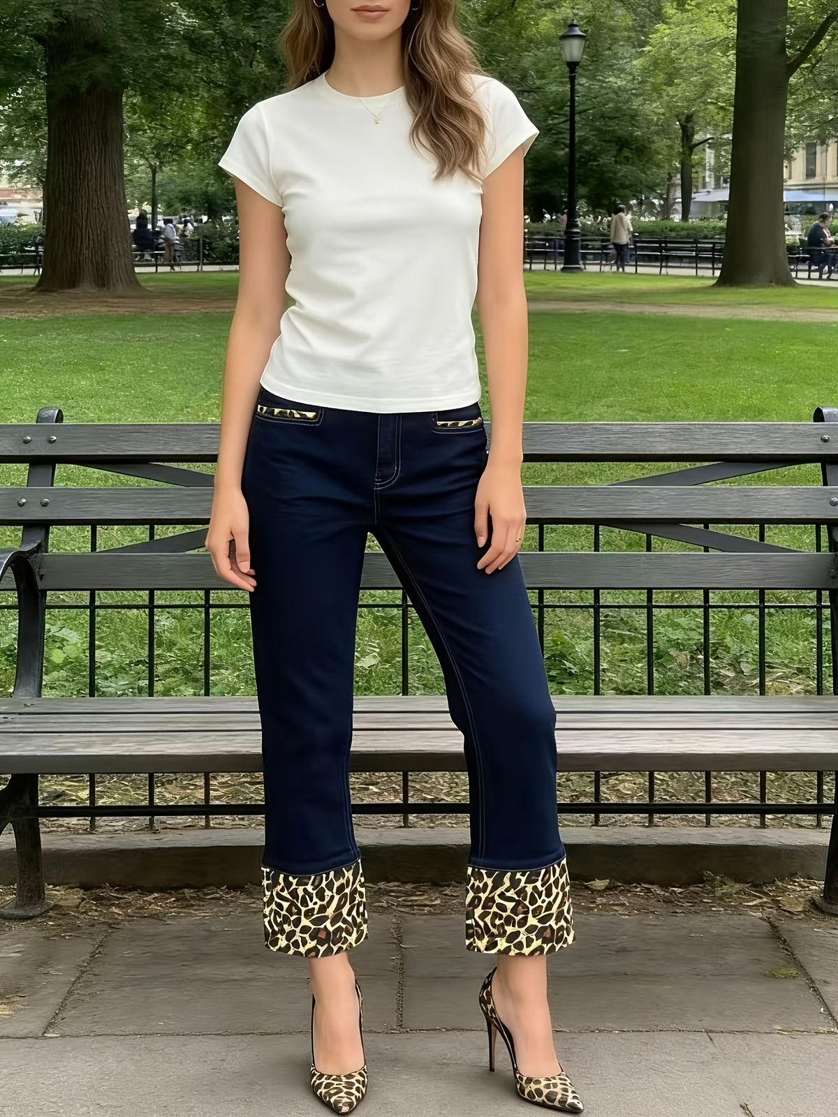 Y2K Leopard Print High Waist Butt Lifting Stretchy Jeans Women Dark Wash Casual Streetwear Denim Pants Deep Blue S-XXL