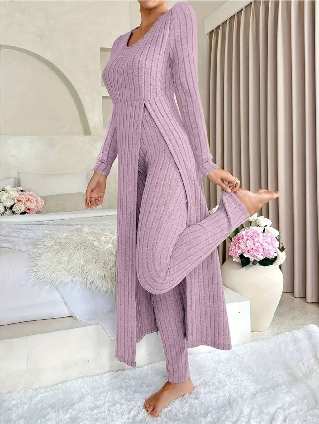 Heavyweight Fleece Lounge Set Women Oversized Long Sleeve Wide-Leg Pants Cozy Winter Two-Piece Ribbed Minimalist S-XL