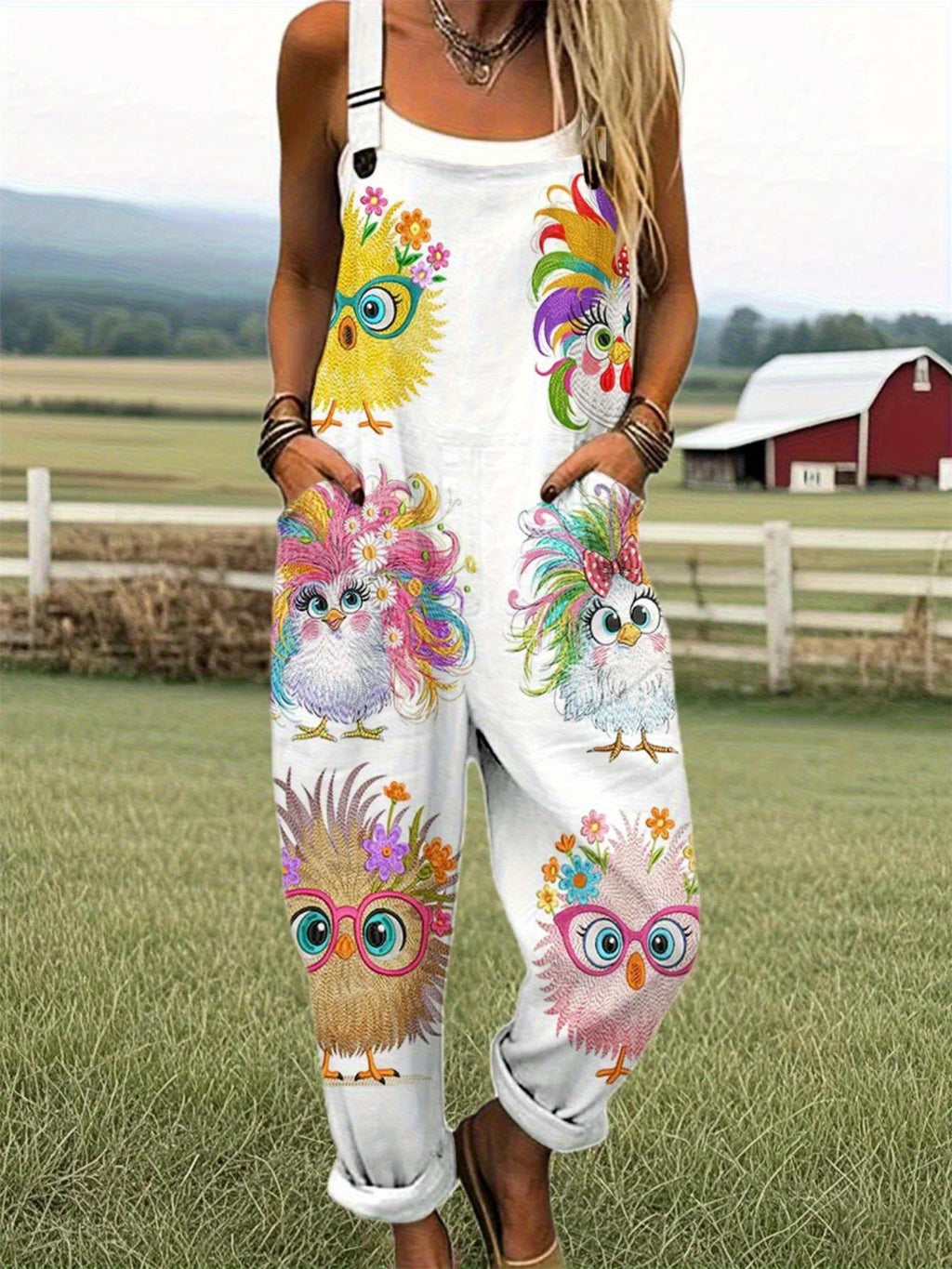 3D Printed Cartoon Chicken Suspender Jumpsuit Women Casual Loose Overalls Fun Graphic Strappy Back Multicolor S-XXL