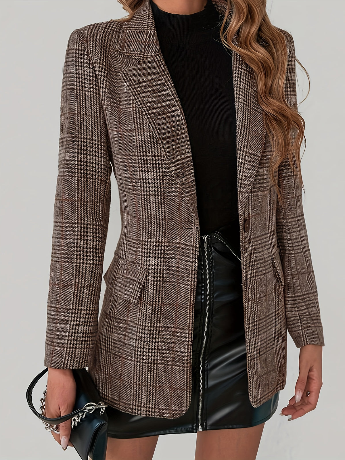 Women's Tweed Checkered Blazer Vintage Coffee Brown Waist-Cinching Single-Breasted Mid-Length British Style Autumn Winter Suit Jacket
