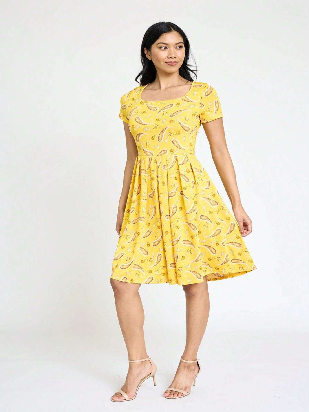 Paisley Floral Swing Dress Women Chevron Stripe Patchwork Pleated Square Neck Elastic Waist Midi Casual Plus Size S-3X