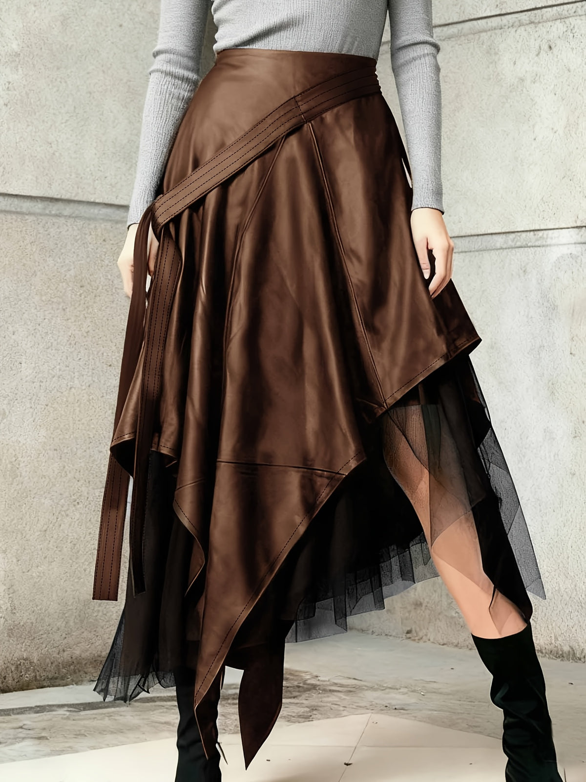 Black Asymmetric Lace Hem Skirt for Women, Elegant A-Line Midi Skirt Casual Spring Autumn Fashion Ladies Bottom with Irregular Hem
