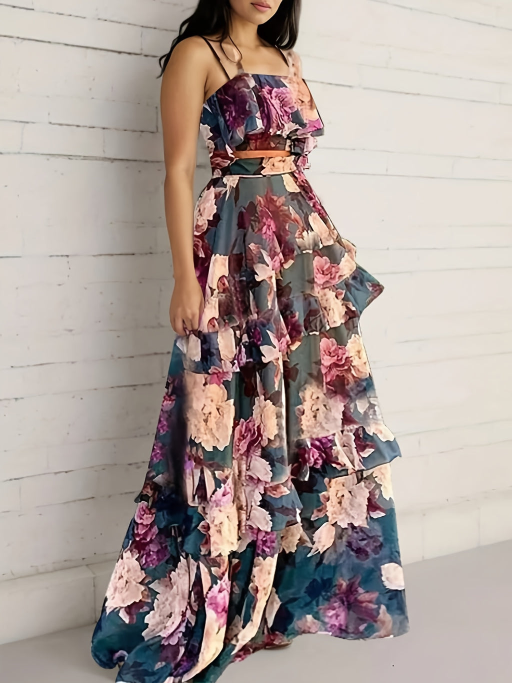 Boho Floral Print Halter Peplum Top and Cake Skirt 2pcs Set Women Beach Vacation Holiday Casual Spring Summer S-XXL