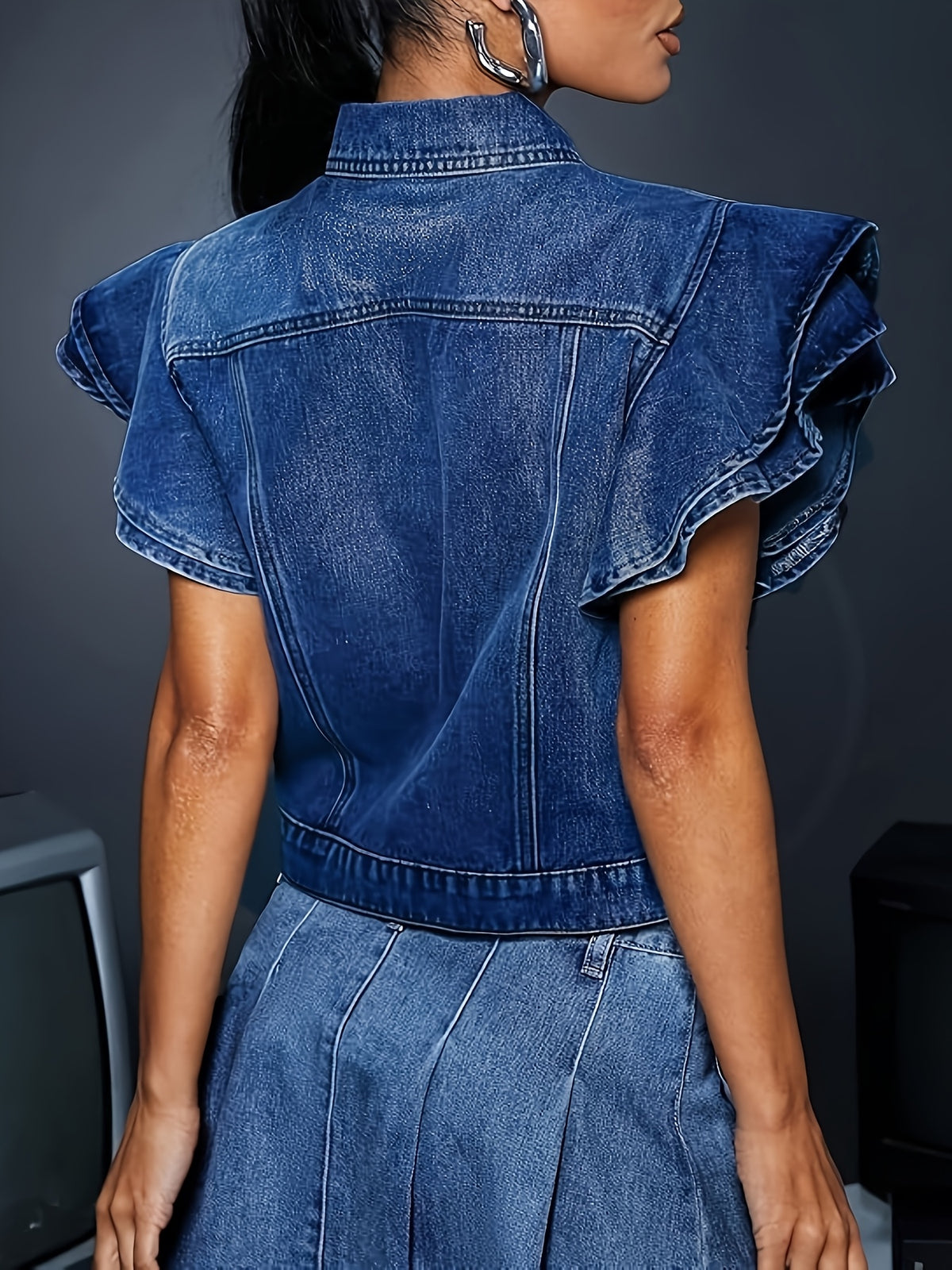 Vintage Washed Blue Denim Jacket Women Ruffled Hem American Retro Style 4-Button Front Machine Washable Lightweight Spring Summer XS-XL
